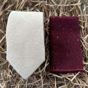 Beige Cotton Tie & Deep Red Wool Pocket Square Set