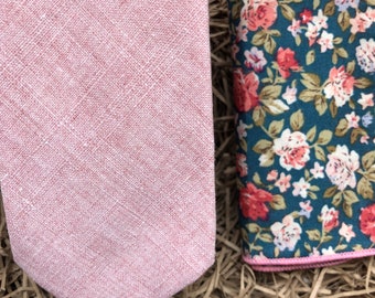 Le Parfait Rose & Teal Rose: Dusky Pink Men's Ties, Tie Set, Floral Pocket Square, Mens Gifts, Dusky Pink Wedding Ties, Groomsmen Gifts