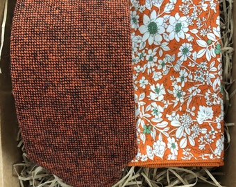 Breit und dünn Breite: Ahorn und Ringelblume Herren Orange Krawatte & Einstecktuch | Hochzeit Krawatte | Graduierung Krawatte | Wolle Jubiläumsgeschenk für Männer