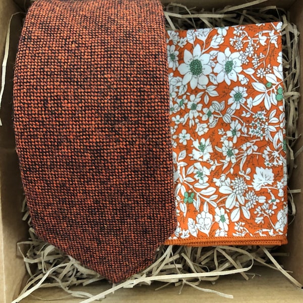 Wide and Skinny Width: Maple and Marigold Men's Orange Tie & Pocket Square | Wedding Tie | Graduation Tie | Wool Anniversary Gift for Men