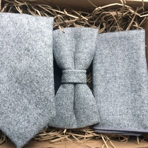 The Birch Set: Grey Wool Necktie, Grey Tie, Grey Bow Tie, Pre-Tied Bow Tie, Gifts For Men, Wool Pocket Square, Mens Tie Sets, Gray Ties