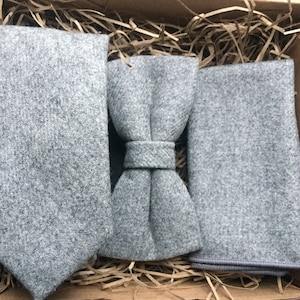 Grey Wool Tie Set: Bow Tie and Pocket Square, Groomsmen Gift