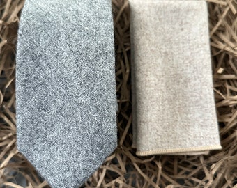 The Birch and Dill: Men's Grey Tie, Mens Gifts, Gifts for Men, Cream Pocket Handkerchief, Wedding Ties, Groomsmen Gifts