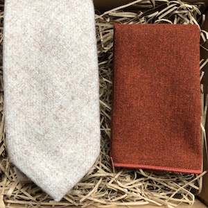 The Dill and Skyrocket Cream Tie and Burnt Orange Pocket Square Set for Men&#39;s Ties, Beige Tie, Wedding Ties in Skinny and Wide Width