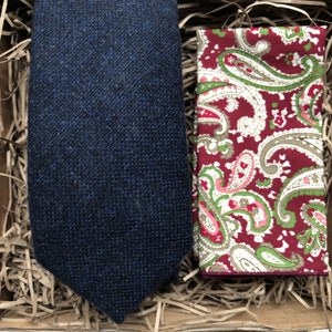 The Bellflower & Paisley: Navy Blue Wool Men&#39;s Tie with Red Paisley Pocket Square | Wedding Tie in Standard and Slim Width