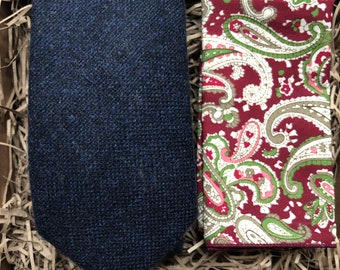 The Bellflower & Paisley: Navy Blue Wool Men's Tie with Red Paisley Pocket Square | Wedding Tie in Standard and Slim Width