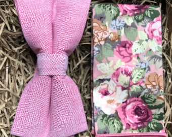 Dusky Rose Bow Tie & Pink Aster Floral Pocket Square Set