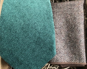 Forest Green Cotton Tie & Herringbone Pocket Square Set
