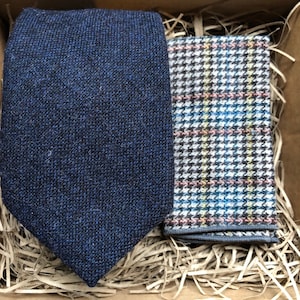 The Bellflower and Arrowgrass: Navy Blue Wool Necktie and Check Wool Pocket Square,Ties For Men,Wedding Ties in slim and wide widths