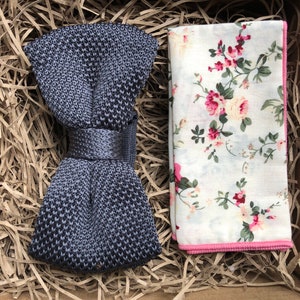 The Wild Rye Bow Tie and Floral Pocket Square: Grey Pre-Tied Bow Tie, Grey Knitted Bow Tie, Knitted Bow Tie, Men&#39;s Gifts, Men&#39;s Bow Ties