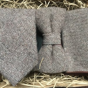 Brown Wool Herringbone Tie Set: Bow Tie & Pocket Square