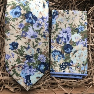 The Empire Blue Rose: Tie Set, Floral Necktie and Pocket Square, Mens Gifts, Wedding Ties, Blue Floral Ties, Slim Ties, Groomsmen Ties