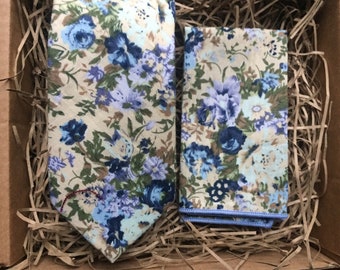 The Empire Blue Rose: Tie Set, Floral Necktie and Pocket Square, Mens Gifts, Wedding Ties, Blue Floral Ties, Slim Ties, Groomsmen Ties