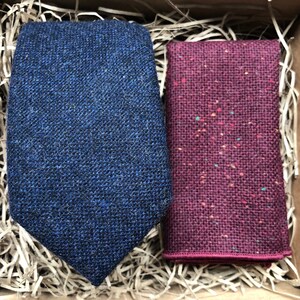 Navy Blue Wool Tie & Red Pocket Square Set: Men&#39;s Wedding Necktie