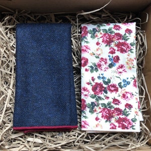 The Bellflower and Petit Rose Pocket Square Gift Set: Pink Floral Pocket Square, Navy Blue Pocket Square, Wool Pocket Square, Mens Gifts