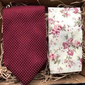 The  Mulberry Red Knitted Necktie & Knockout Floral Pocket Square: Red Knitted Necktie, Mulberry Tie, Floral Pocket Square, Ties for Men,