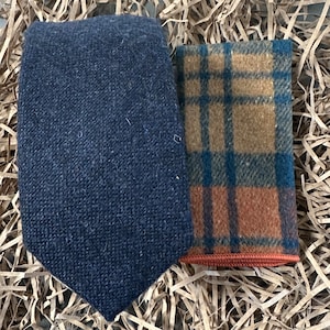 Navy Wool Tie & Orange Check Pocket Square Set: Men&#39;s Wedding Gift