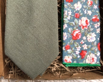 The Sage Sage Green Necktie and Floral Pocket Square, Green Linen Look Tie, Ties For Men, Wedding Ties, Men's Christmas Gifts