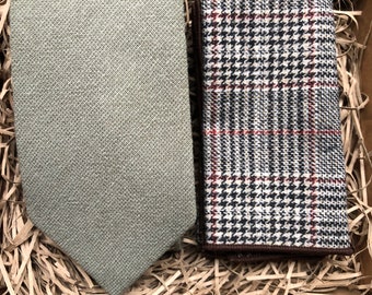 The Sage and Hedge: Sage Green Necktie and Check Pocket Square, Green Tie, Ties For Men, Wedding Ties, Pocket Square