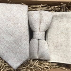 Dill: Men&#39;s Cream Wool Tie, Bow Tie and Pocket Square Hankerchief Set | Wedding Tie | Men&#39;s Gifts | Women&#39;s Ties | Christmas Gift Men