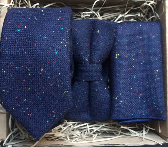 Wedding Ties Navy Blue Flecked Wool Mens Bow Tie and Pocket Square