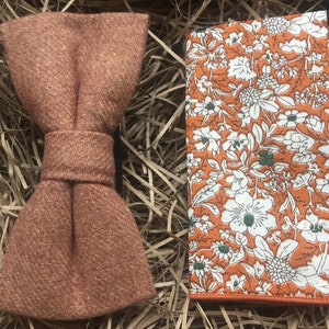 The Basswood and Marigold: Camel Bow Tie, Wool Bow Ties, Ties For Men, Orange Floral Pocket Square,  Wedding Ties