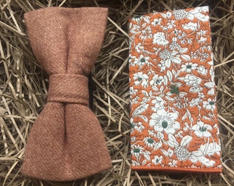 The Basswood and Marigold: Camel Bow Tie, Wool Bow Ties, Ties For Men, Orange Floral Pocket Square,  Wedding Ties