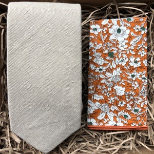 The Flax and Marigold: Linen Necktie, Pocket Square, Cream Beige Tie, Mens Tie and Pocket Square, Groomsmen Gifts, Wedding Ties