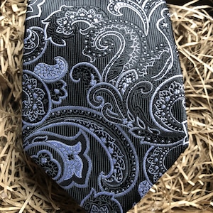 The Paisley Black and Grey Necktie: Elegant Paisley Necktie for Men, Ideal for Weddings and Gifts