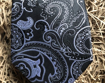 The Paisley Black and Grey Necktie: Elegant Paisley Necktie for Men, Ideal for Weddings and Gifts