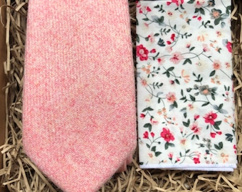 The Carnation & Briar: Blush Pink Men's Ties, Tie Set, Floral Pocket Square, Mens Gifts, Blush Pink Wedding Ties, Groomsmen Gifts, Wool Tie