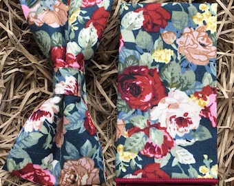 Red Rose Floral Bow Tie Set: Cotton Pocket Square, Wedding Groomsmen Ties