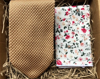 El cártamo y la rosa de brezo: corbata de punto con champán, cuadrado de bolsillo floral, corbatas de punto, corbatas de boda, corbatas para hombres, regalos para hombres