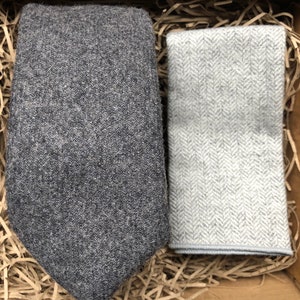 All Duty Paid - No Tariff to Customer - Dark Grey Wool Necktie & Herringbone Pocket Square Set | Wedding Tie | Men&#39;s Gift