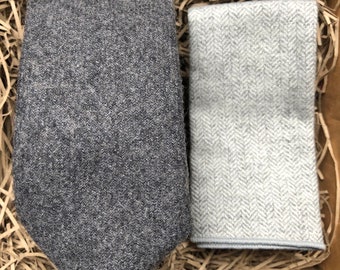 The Upland Dark Grey Necktie and Pocket Square Set: Grey Herringbone Necktie, Gifts for Men, Wedding ties, Ties For Men, Groomsmen Gifts