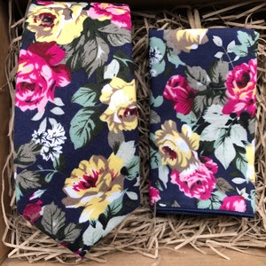 The Iris Necktie Set: Navy Blue Floral Tie and Floral Pocket Square, Wedding Tie, Groomsmen, Floral Ties, Blue Floral Tie, Ties for Men