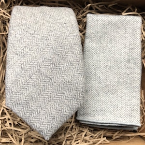 Light Grey Herringbone Wool Tie & Pocket Square Set