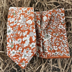 The Marigold: Orange Men&#39;s Tie, Bow Tie and Pocket Square Set | Floral Tie | Orange Tie | Wedding Tie| Dog Bow Tie | Kids Bow Tie