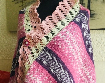 Handmade Fairisle Designer Shawl, Pink,  Cream Shawl, Knitted Shawl, Wool Shawl, Fairisle grey Shawl, Shawl, Wrap , knitted wrap, designer