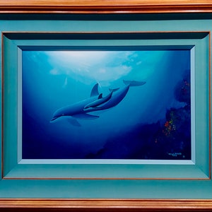 Robert Wyland Dolphin & her Baby Pacific Home 1990-Original Oil painting