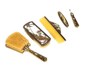 Juego de tocador Art Déco de bronce y esmalte