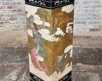 Chinese mixed color Painted Lacquer Pedestal w/ flying Dragon Motif