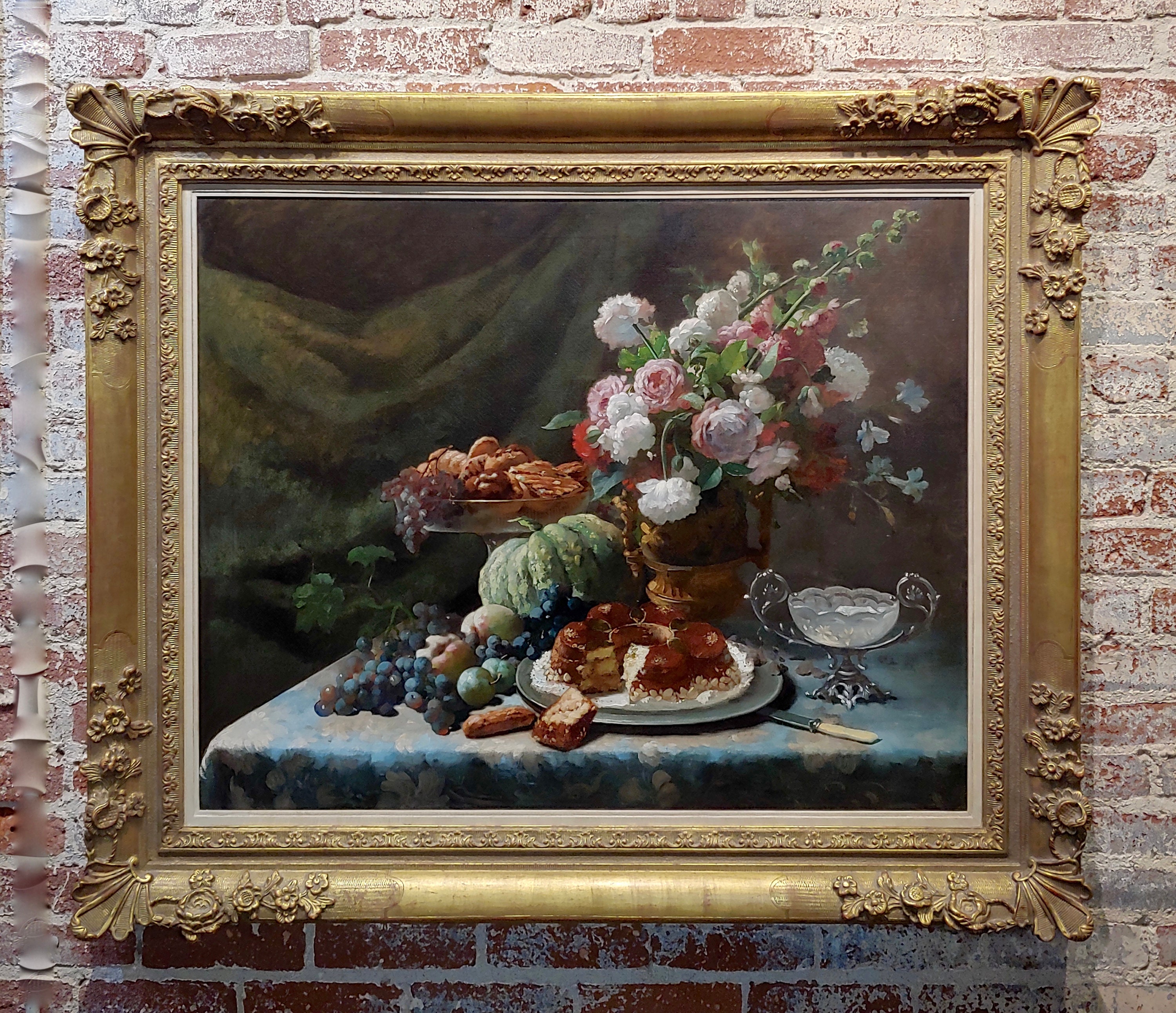 Frans Mortelmans -still Life of Pink White Roses,fruits Desert-19th C ...