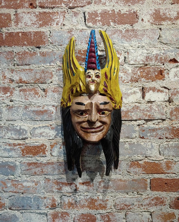 Antique Painted Wood Carved Mexican Mask