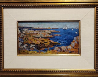 Arthur Bowen Davies- 1920s Maine Shoreline with Sailing Ship -Oil painting