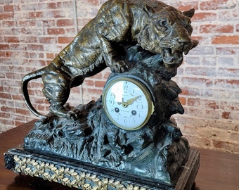 Geo Maxim 19th century Mantle Clock with Tiger Sculpture