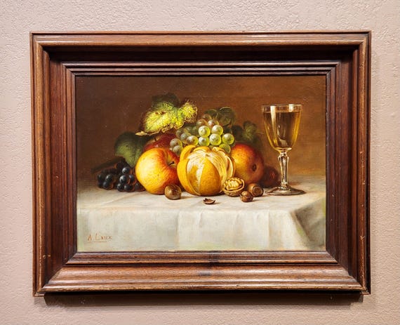 アウグスト・ロークス「ワイングラスのある果物の静物画」19世紀油彩画