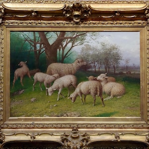 George Riecke -19th Century Pastoral Landscape W/ Flock of Sheep-Oil Painting