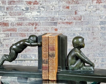 Paul Silvestre -Boy & Girl Satyr -1920s Art Deco Bronze Bookends