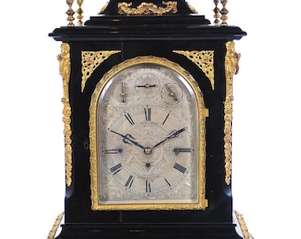 19th C. Reid & Sons Triple Fusee Ebony Gilt Mantel Clock